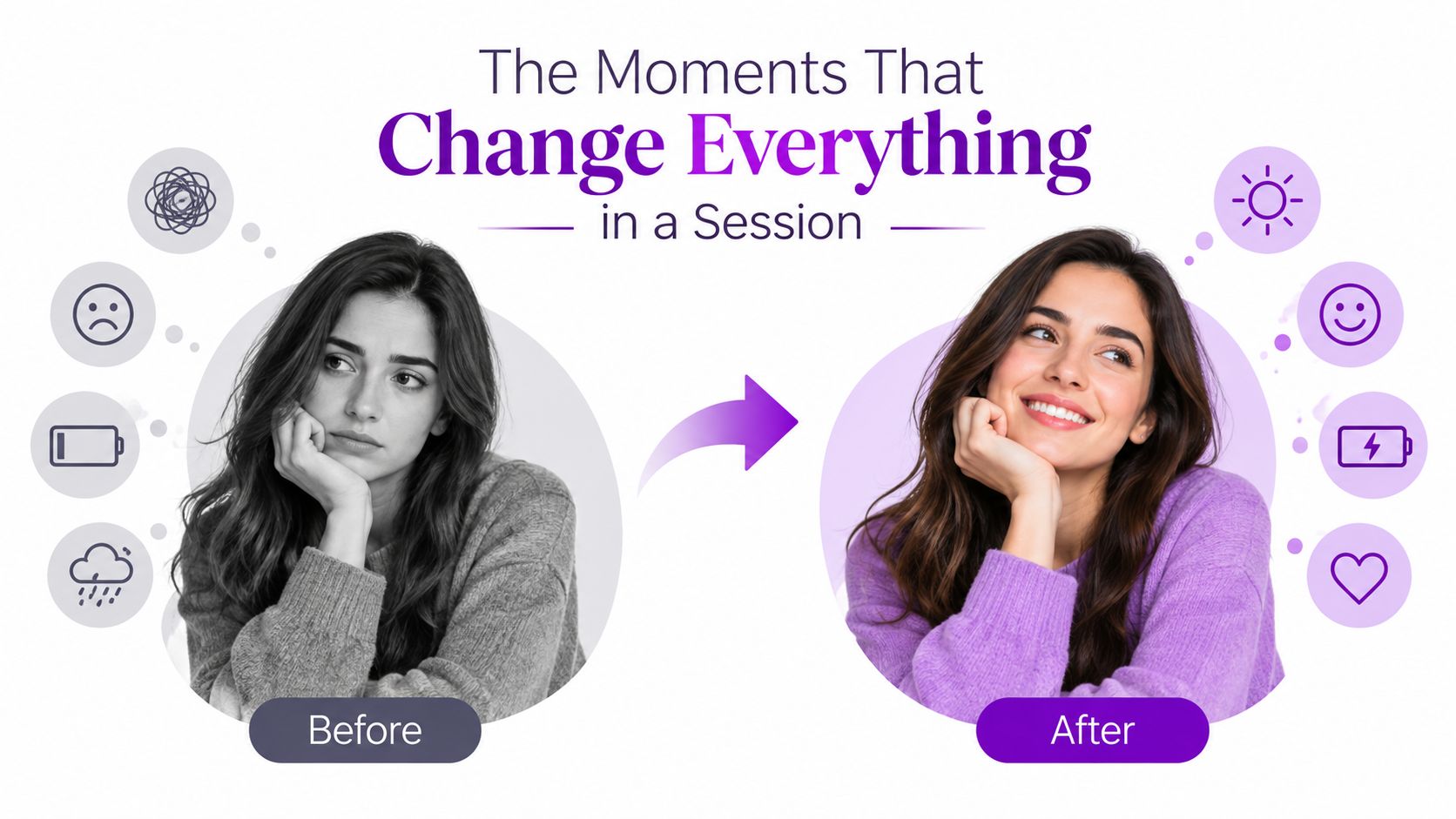 A split image showing a woman before and after therapy, depicting emotional transformation and improved mental health.