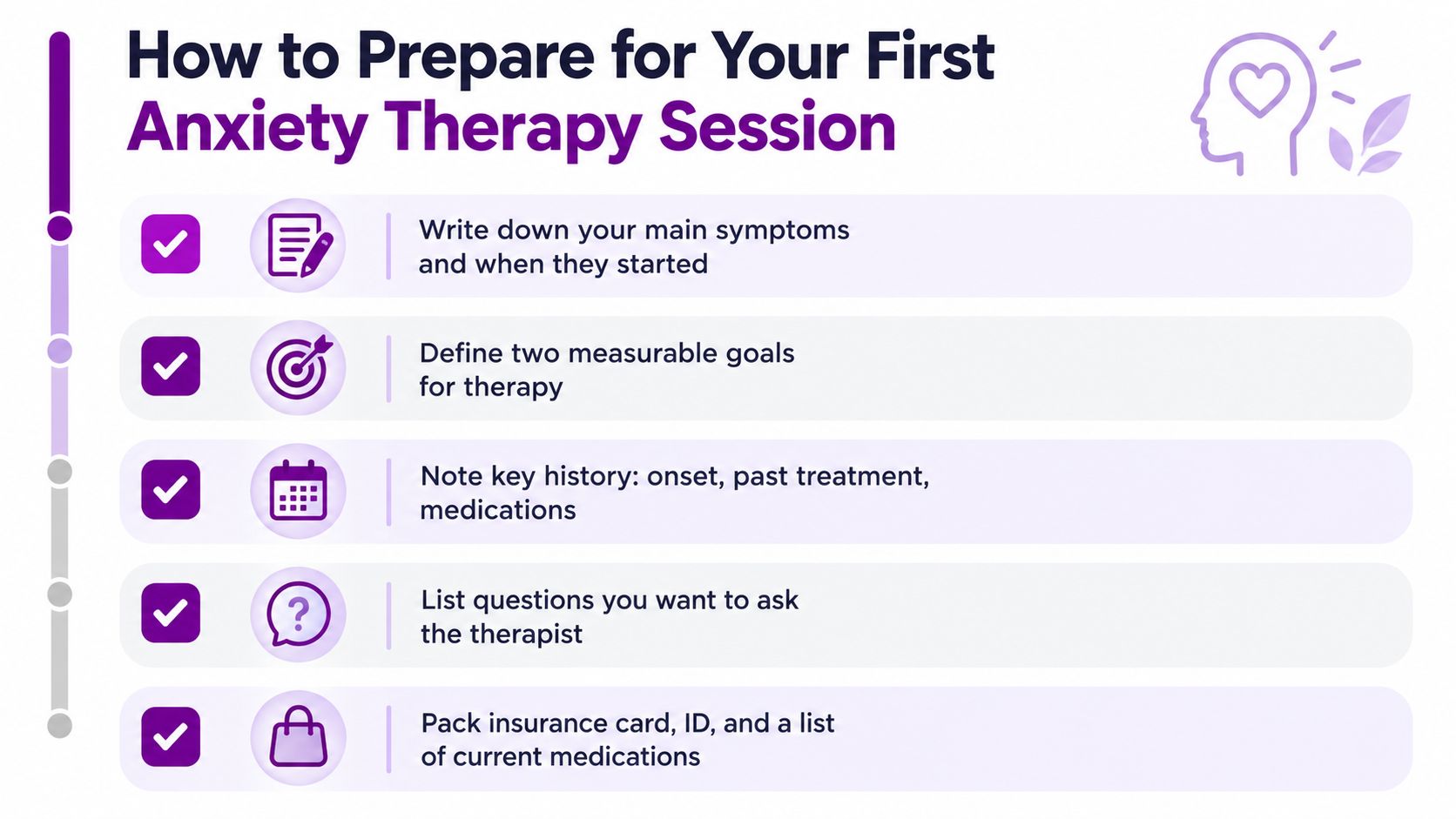 A checklist infographic titled How to Prepare for Your First Anxiety Therapy Session with five actionable steps.