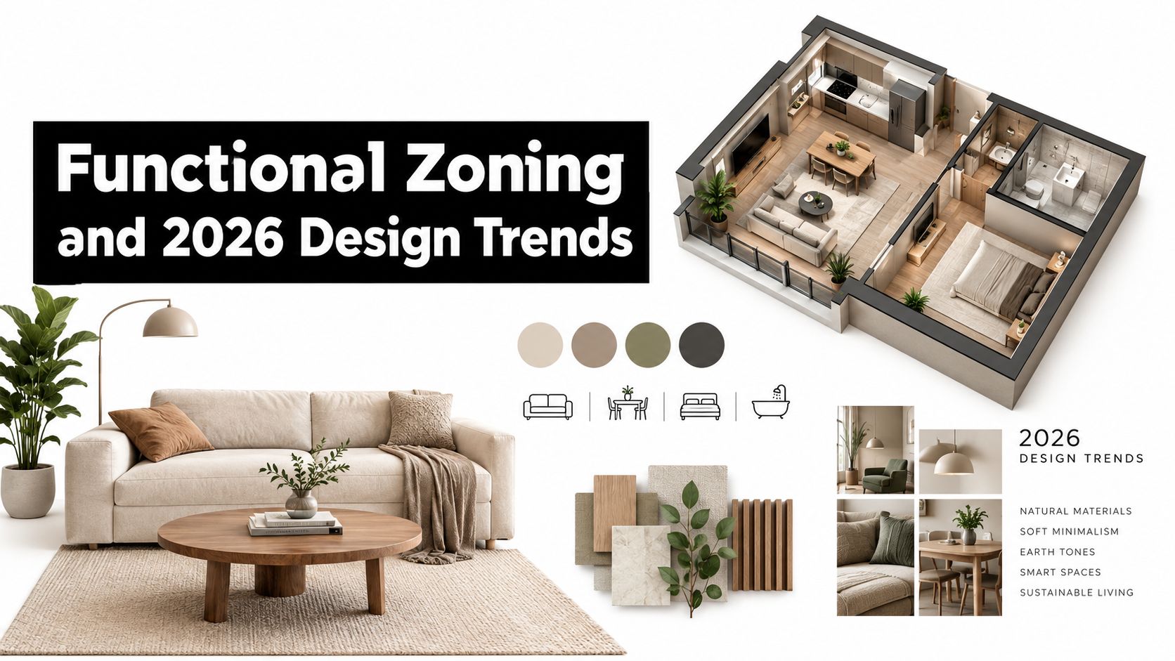 A design presentation showing floor plan layouts, earth tone palettes, and modern minimalist living room furniture trends.