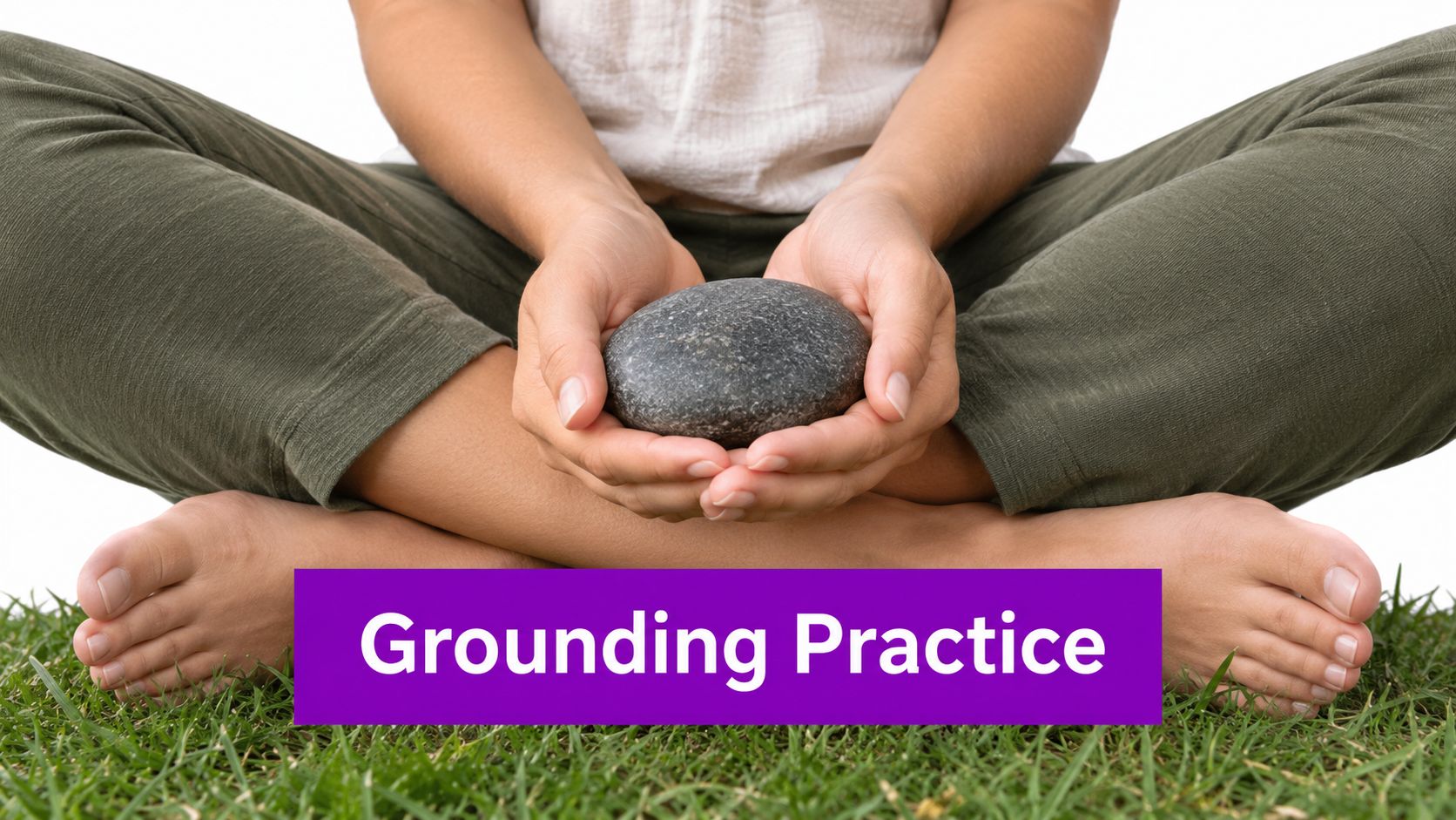 A person sitting in a cross-legged position on grass holding a smooth gray stone for grounding practice.