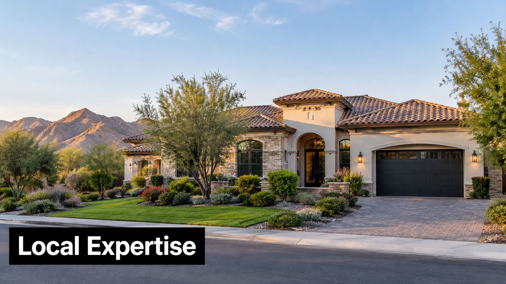 A luxurious single-story mediterranean style home with stone accents and a paved driveway near desert mountains.