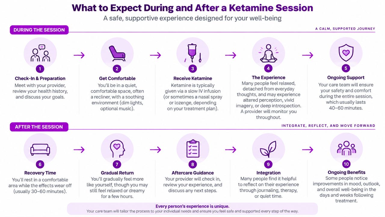 A ten-step infographic outlining the safe process during and after a professional ketamine therapy session.