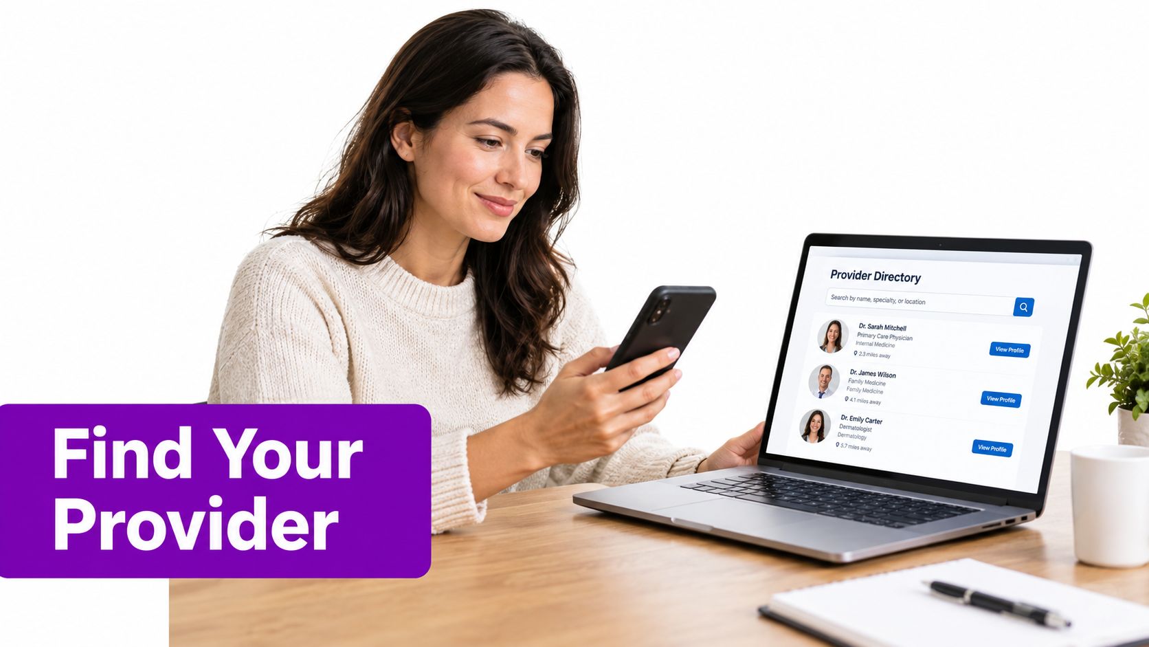 A smiling woman using a smartphone while looking at a provider directory on her laptop computer screen.