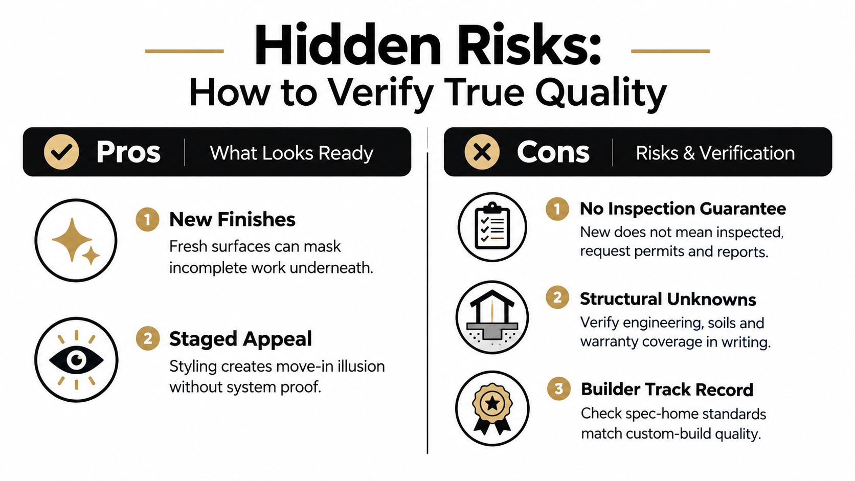 A comparison chart outlining pros and cons of purchasing a move-in ready home and hidden quality risks.