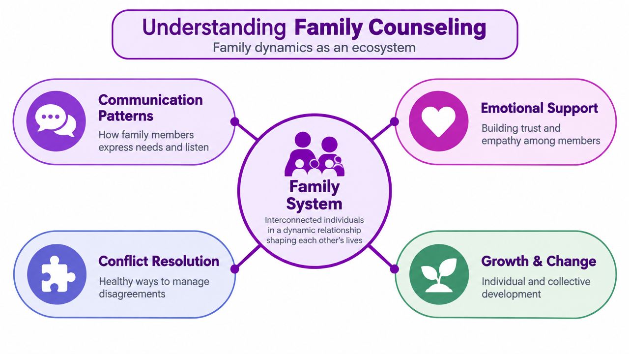A diagram illustrating family counseling as an ecosystem with focus on communication, emotional support, conflict resolution, and growth.
