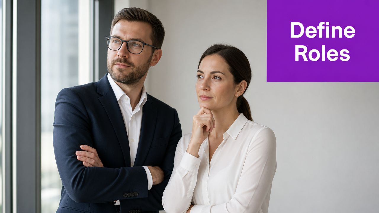 A professional man and woman standing together in an office setting, both looking thoughtful and pensive.