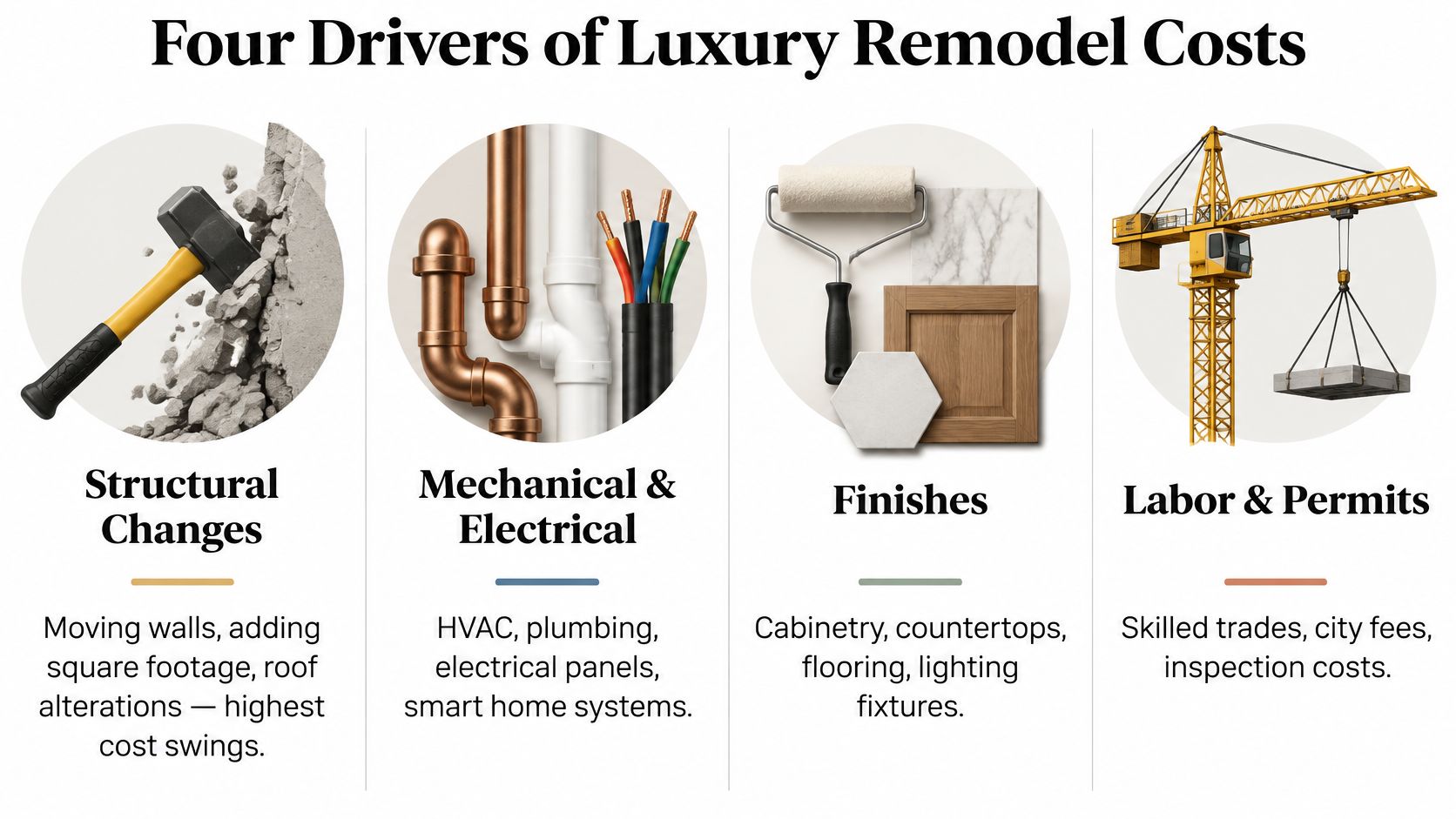 An infographic detailing four primary cost drivers for luxury home remodeling projects including structural, mechanical, and finishes.