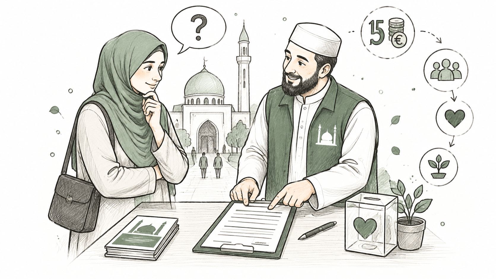 Eine Frau in einem Kopftuch spricht mit einem Mann über ein SEPA-Lastschriftformular vor einer gezeichneten Moschee.