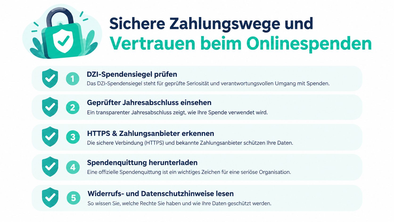 Eine Infografik mit fünf Tipps für sicheres und vertrauenswürdiges Online-Spenden bei Hilfsorganisationen und sozialen Projekten.