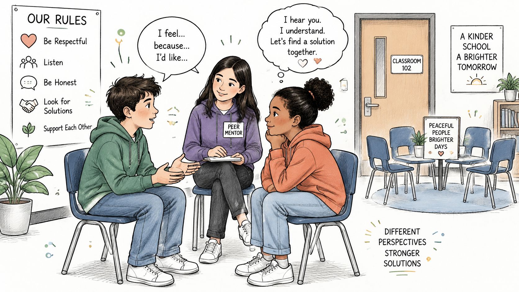 Ein Peer-Mentor hilft zwei Schülern bei der friedlichen Konfliktlösung in einem Klassenzimmer gemäß vereinbarter Schulregeln.