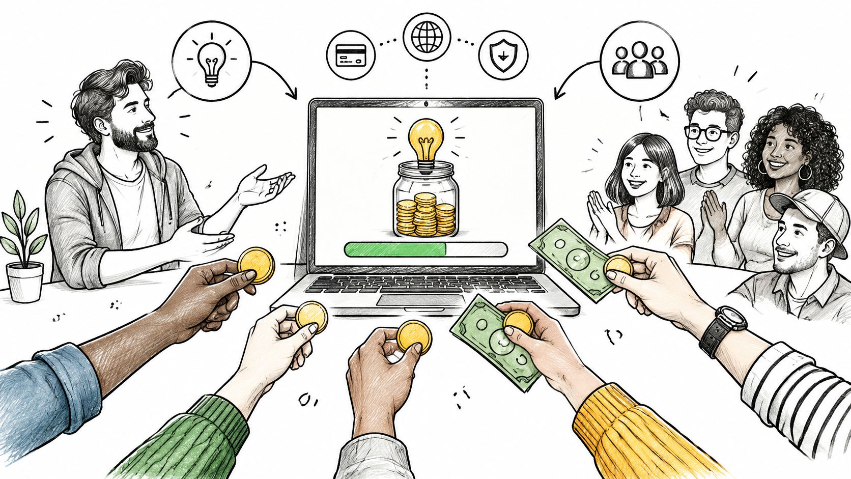 Eine Gruppe von Menschen investiert gemeinsam Geld in ein kreatives Projekt über eine Crowdfunding-Plattform am Laptop.