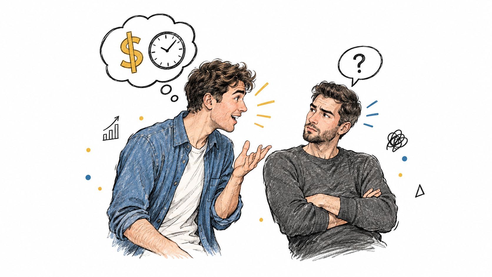 Ein Mann erklärt seinem skeptischen Freund ein Konzept über Zeit und Geld in einer gezeichneten Illustration.