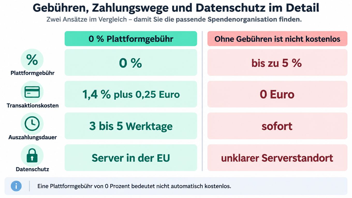 Vergleichstabelle zwischen zwei Spendenorganisationsmodellen bezüglich Gebühren, Transaktionskosten, Auszahlungsdauer und Serverstandort für Datenschutz.