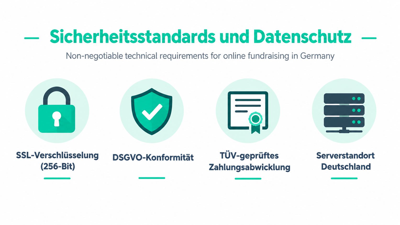 Eine Infografik über essenzielle Sicherheitsstandards und Datenschutz für Online-Fundraising-Plattformen in Deutschland, inklusive Verschlüsselung und Serverstandort.