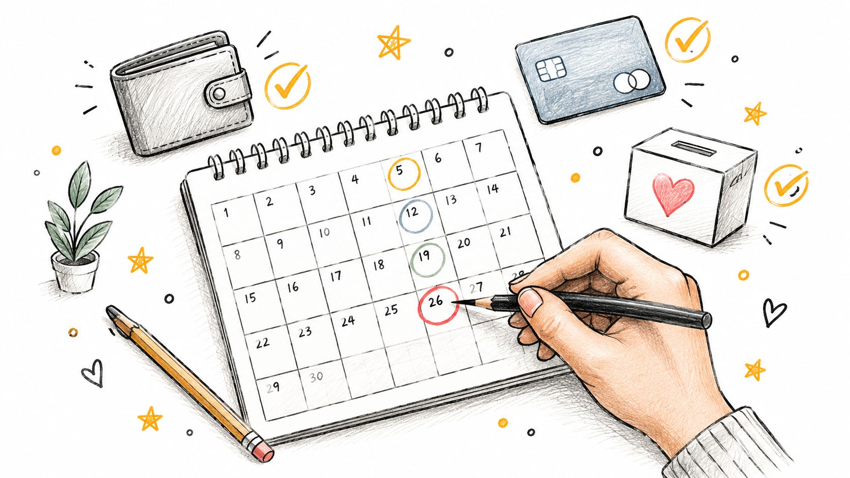 Eine Hand markiert ein Datum im Kalender neben einer Spendenbox, einer Kreditkarte, einer Pflanze und einem Geldbeutel.