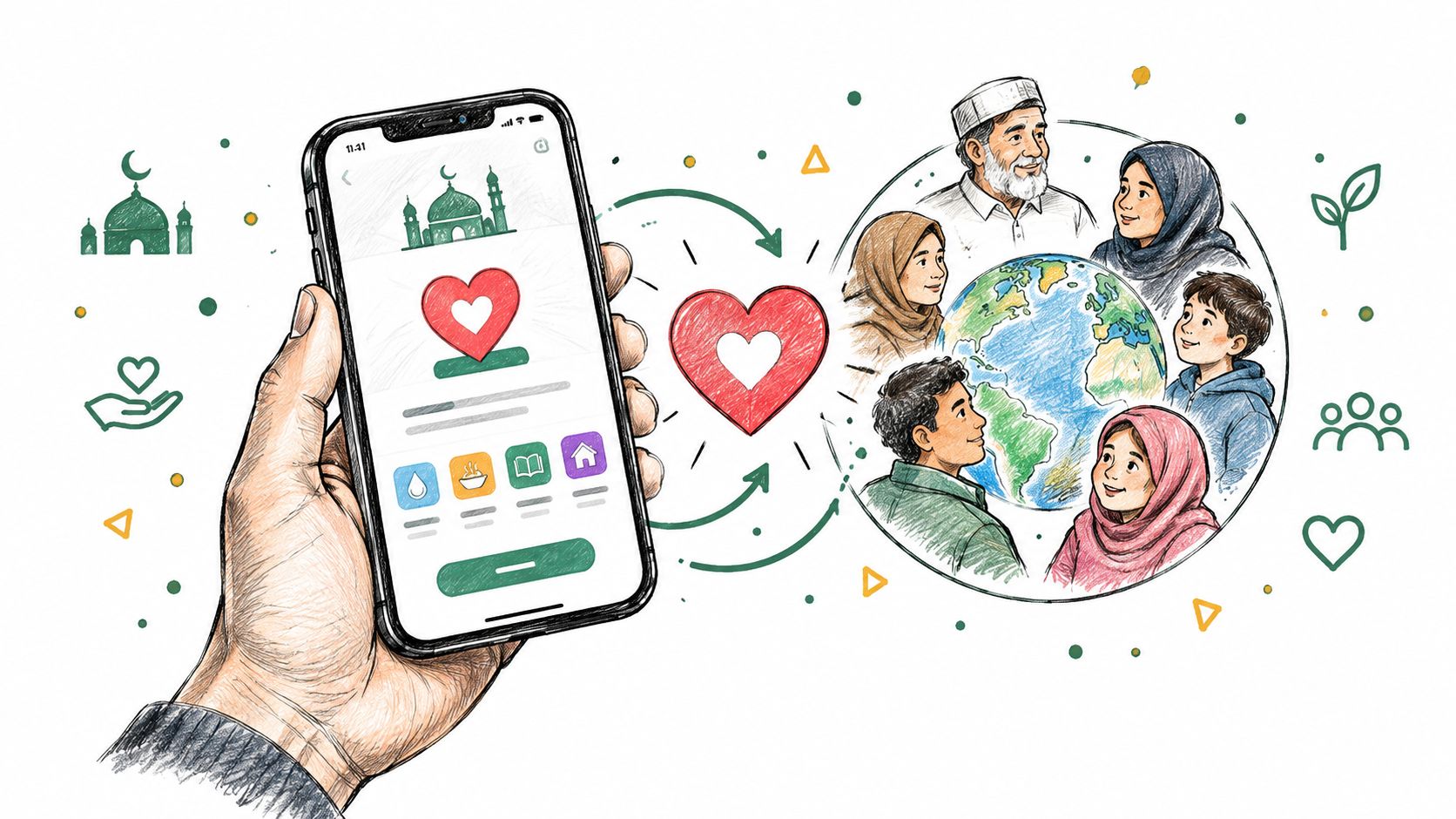 Eine handgezeichnete Illustration zeigt eine App für Wohltätigkeit, die Menschen weltweit durch Spenden und Liebe verbindet.
