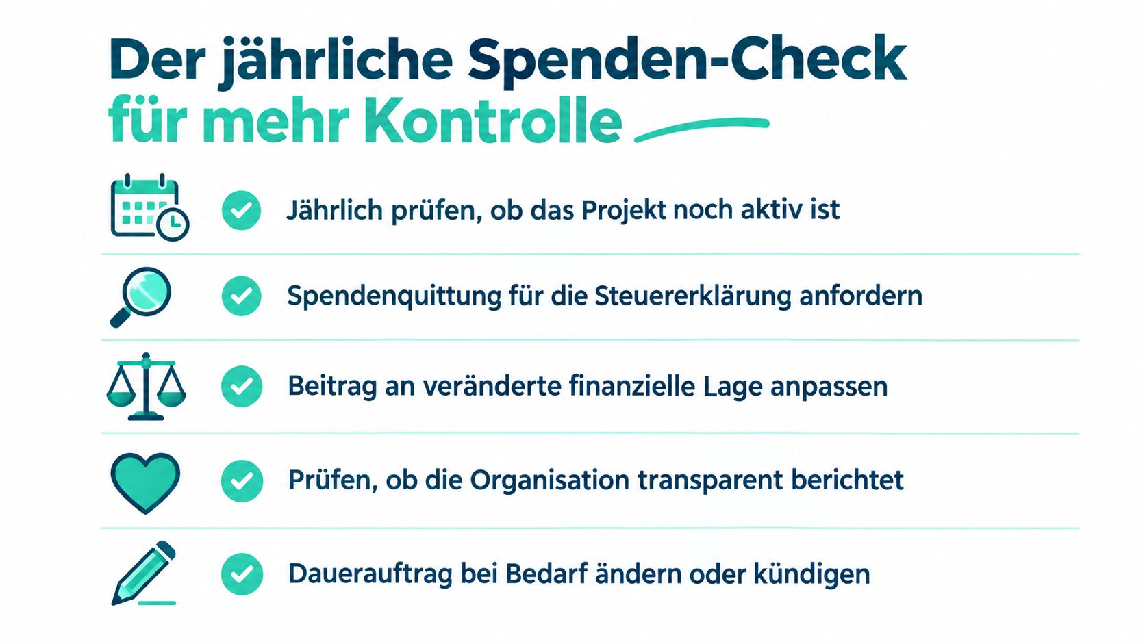 Eine Infografik mit fünf Tipps für den jährlichen Spenden-Check, um Spenden besser zu kontrollieren und zu verwalten.