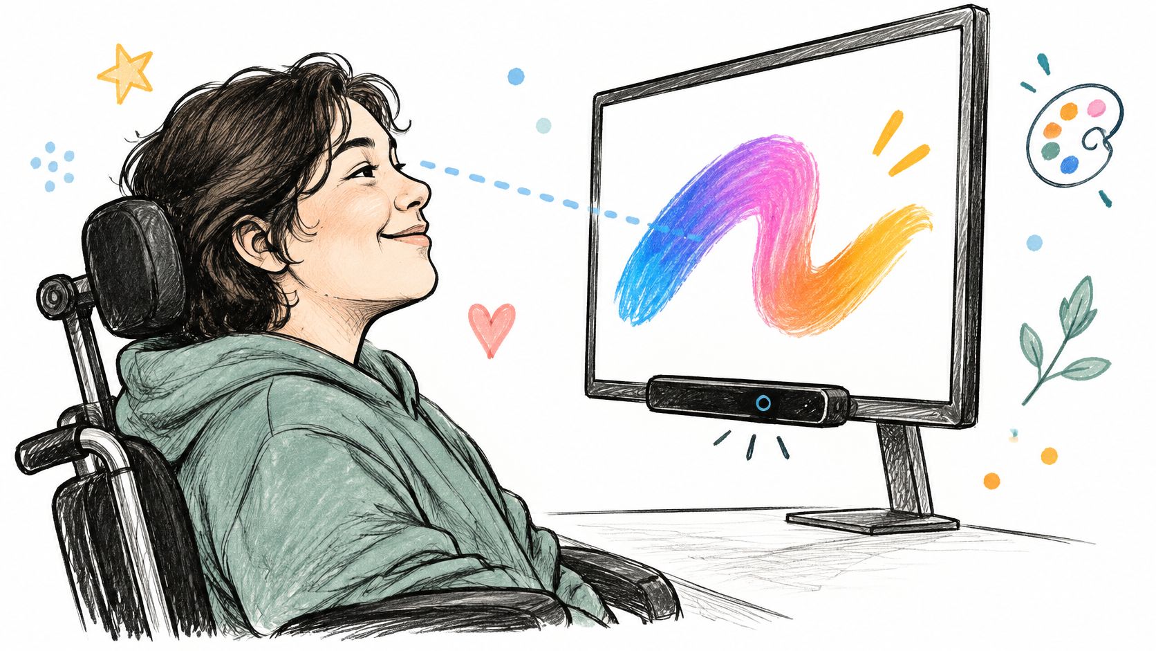 Eine Person mit Behinderung nutzt eine Augensteuerung, um kreativ digital auf einem Computerbildschirm zu zeichnen.