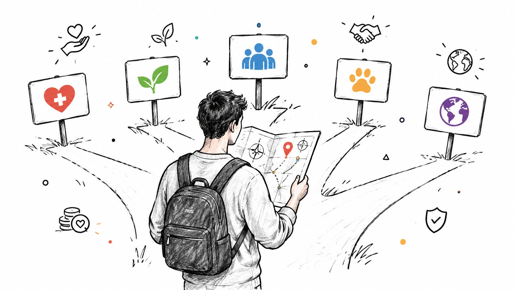 Ein Wanderer steht an einer Weggabelung mit Schildern, die verschiedene wohltätige Themen und Spendenmöglichkeiten illustrieren.