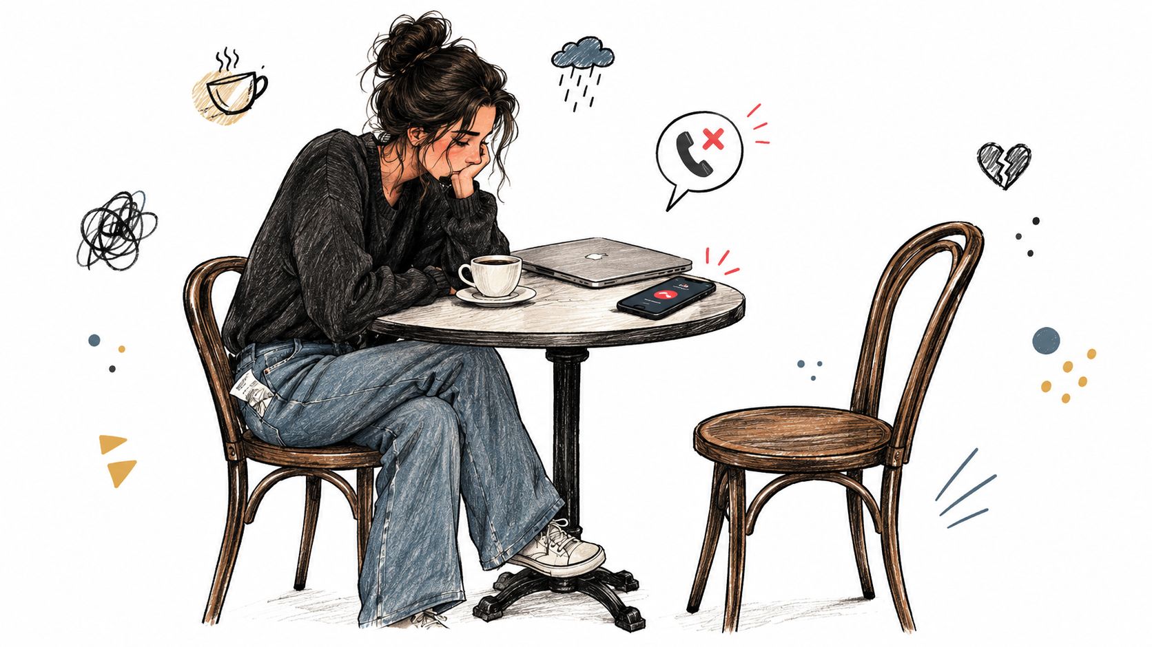 Eine traurige junge Frau sitzt alleine an einem Café-Tisch und starrt frustriert auf ihr Smartphone-Display.