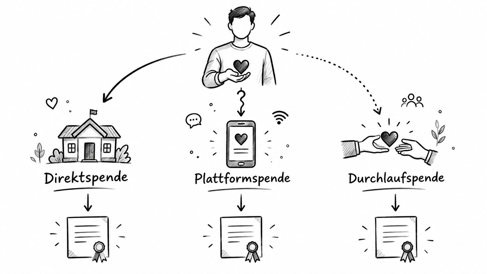 Grafische Übersicht der drei Arten von Zuwendungsbestätigungen für Spenden an gemeinnützige Vereine und Organisationen.