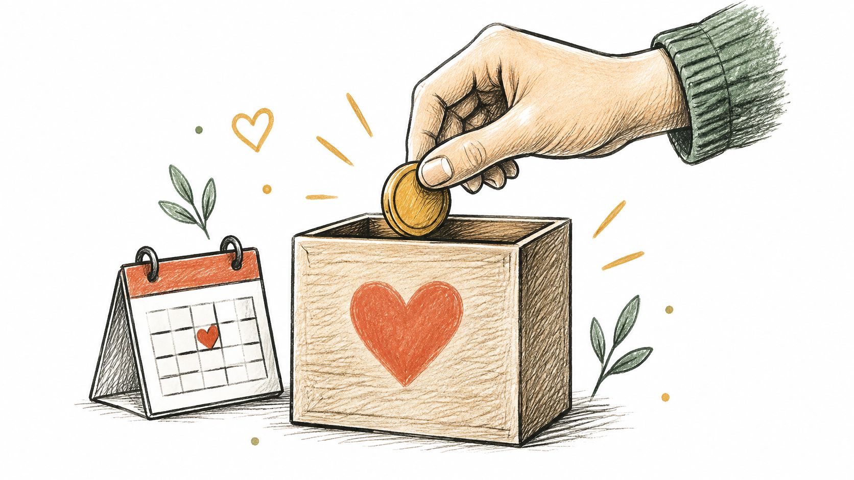 Eine handgezeichnete Illustration zeigt eine Hand, die eine Münze in eine Spendenbox mit einem aufgemalten Herz wirft.