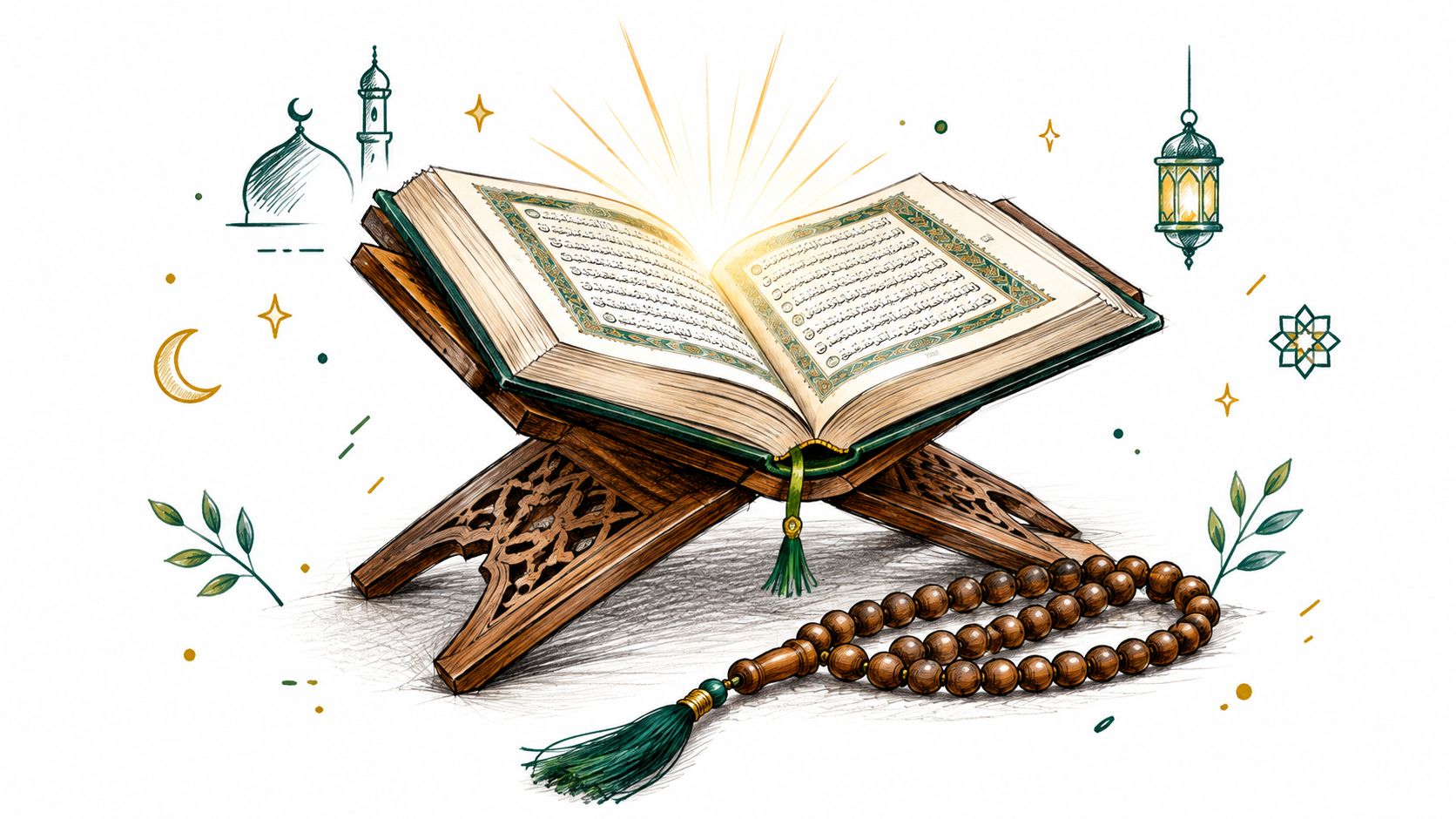 Ein offener Koran auf einem hölzernen Ständer mit einem Gebetskranz, umgeben von islamischen Ornamenten und Symbolen.