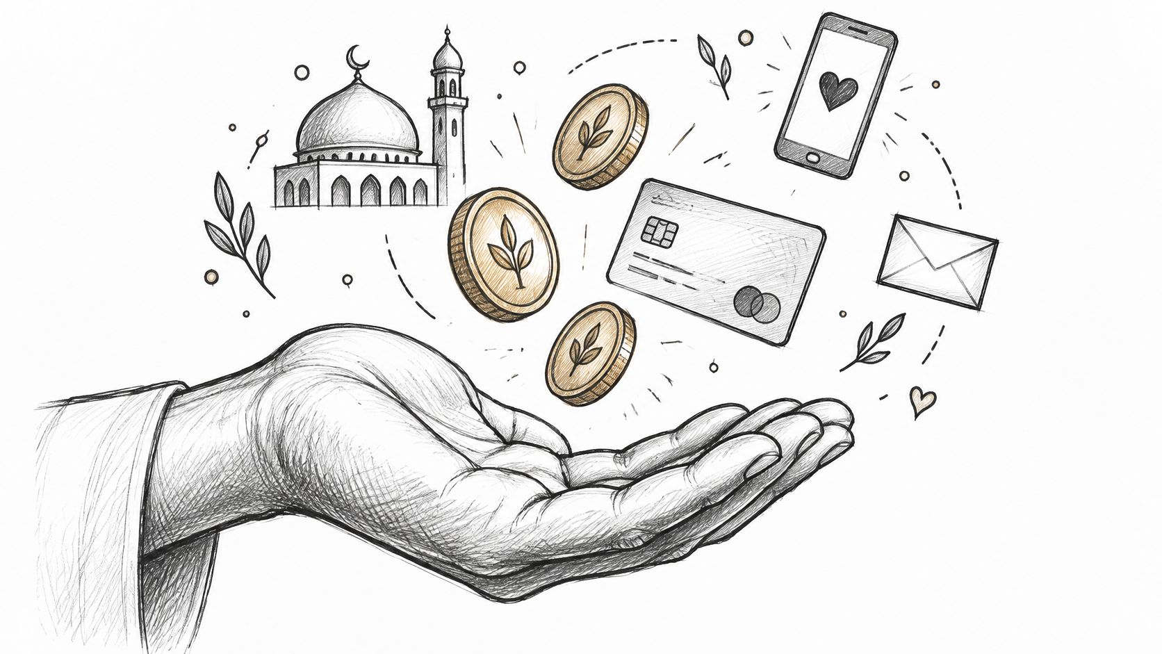 Eine gezeichnete Hand präsentiert Symbole für Online-Spenden wie eine Moschee, Münzen, eine Kreditkarte und ein Smartphone.