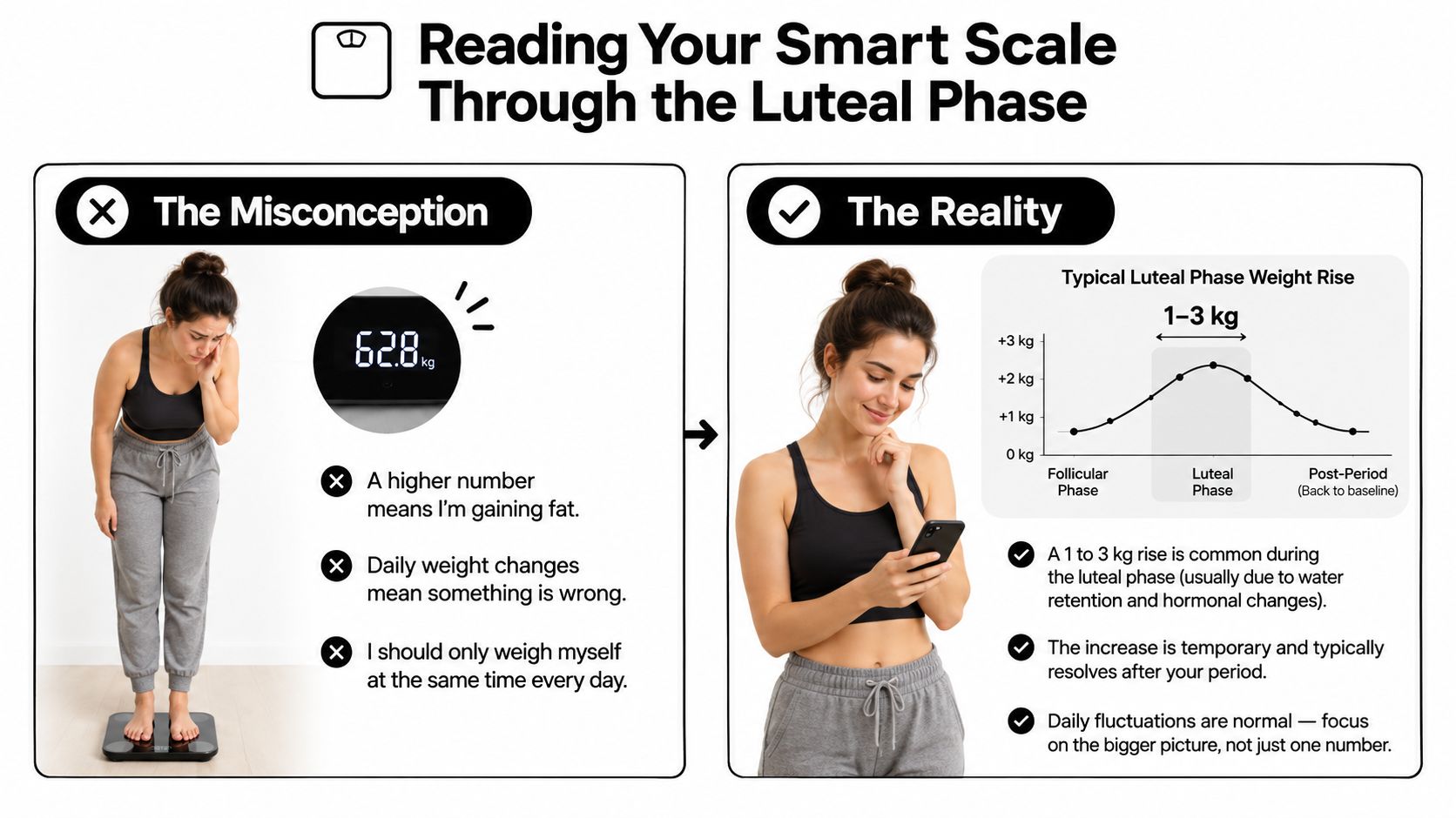 An infographic explaining normal weight fluctuations during the luteal phase of the menstrual cycle.