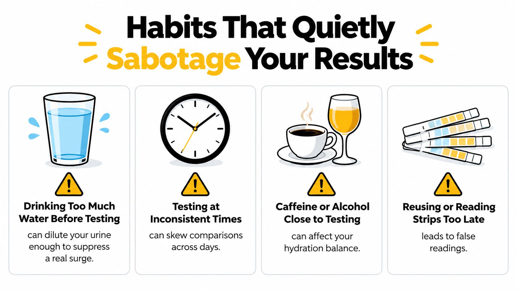 An infographic showing four common habits that can negatively affect your ovulation test strip results.