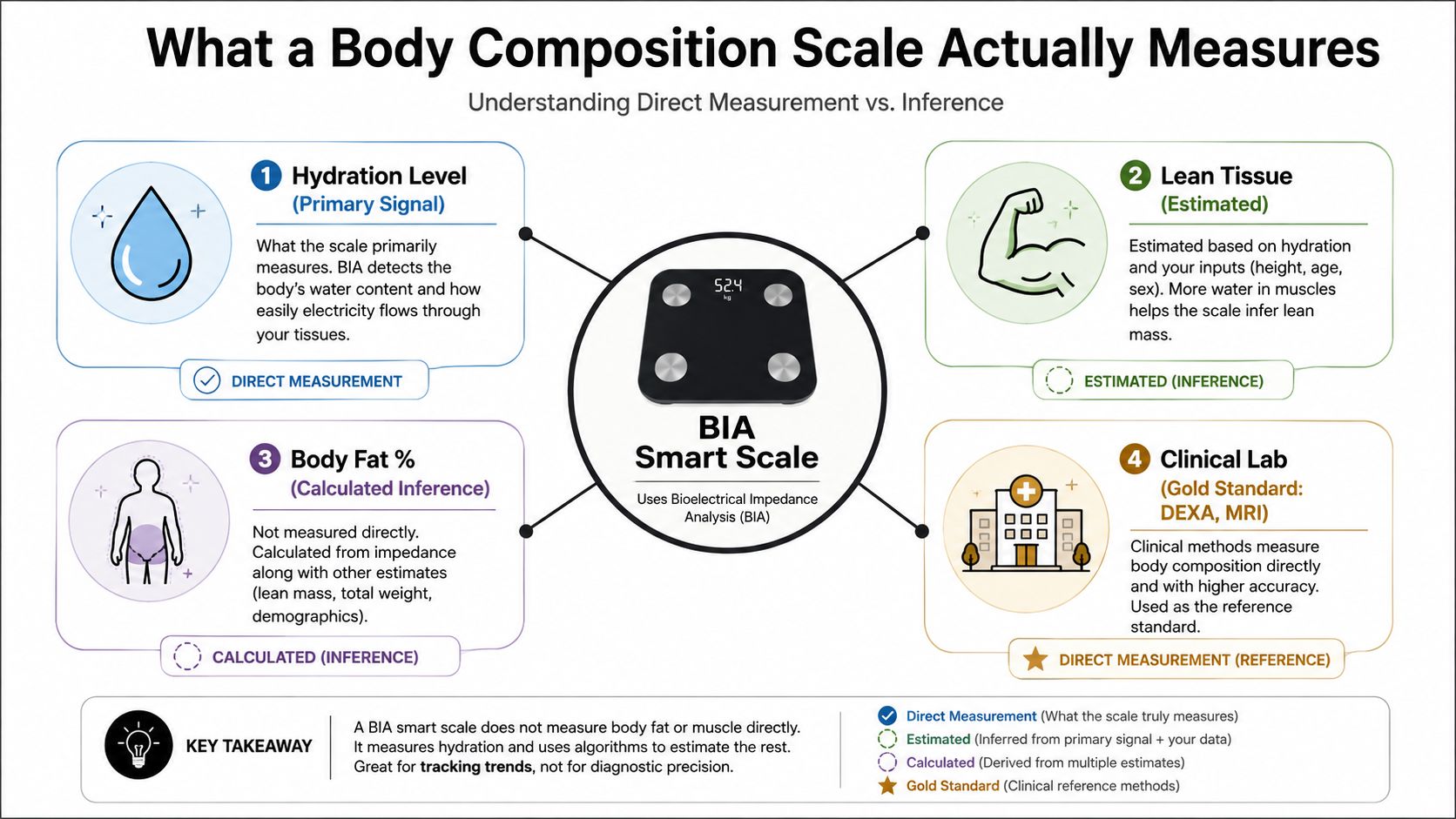 An infographic explaining how smart scales use bioelectrical impedance to estimate body composition metrics through inference.