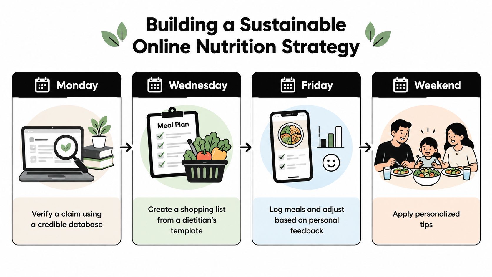 A weekly infographic guide showing steps to build a sustainable online nutrition strategy from Monday to the weekend.