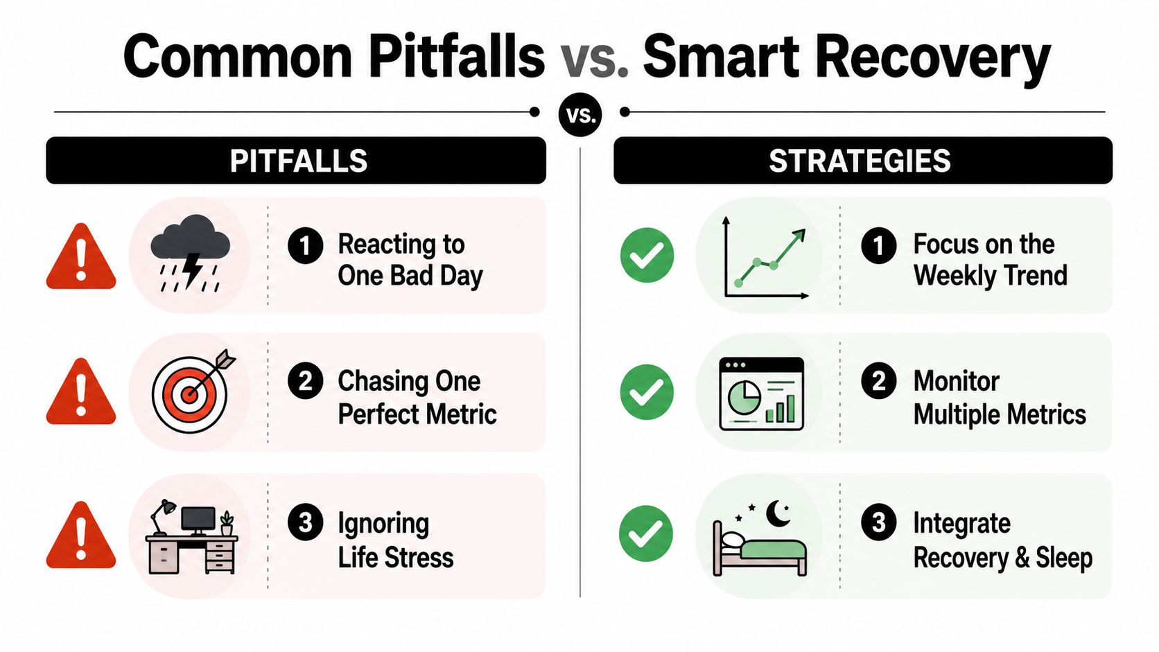 A comparison chart showing common recovery pitfalls versus smart strategies for effective training load monitoring.