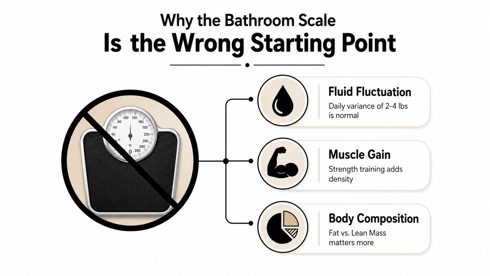 An infographic explaining why bathroom scales are misleading due to fluid fluctuations, muscle gain, and body composition.