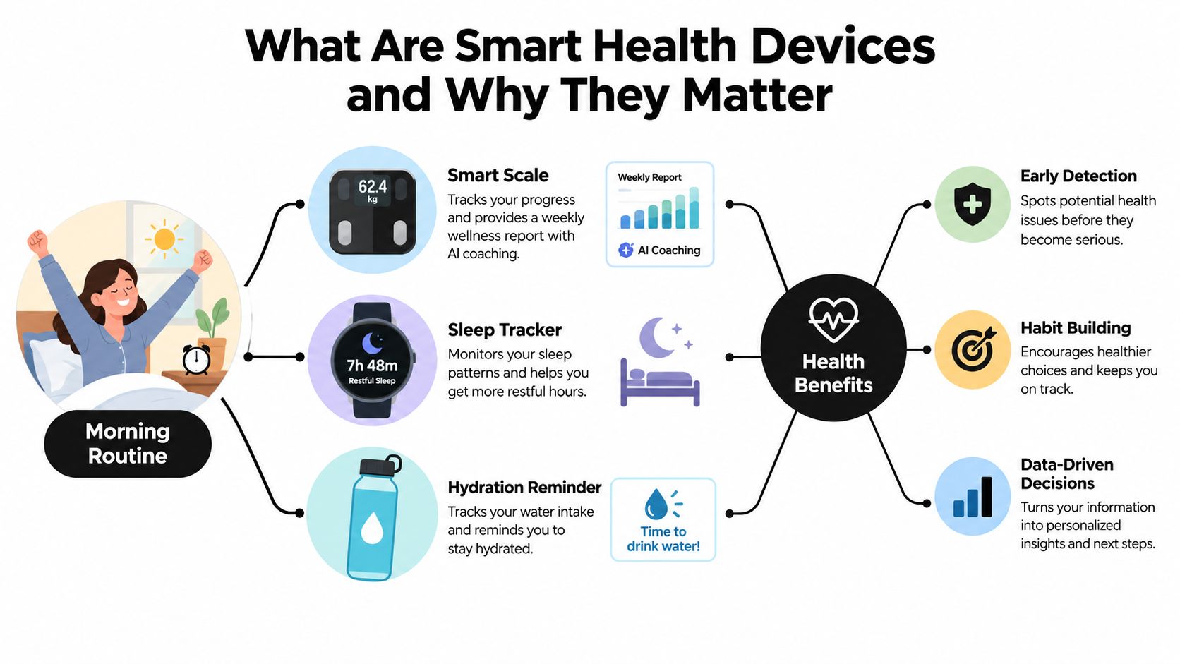 An infographic illustrating various smart health devices, their functions, and the associated benefits for daily wellness.