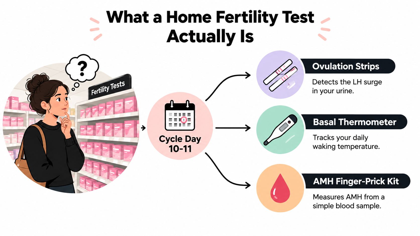 An infographic showing a woman choosing fertility tests, highlighting cycle day 10-11, ovulation strips, thermometers, and kits.