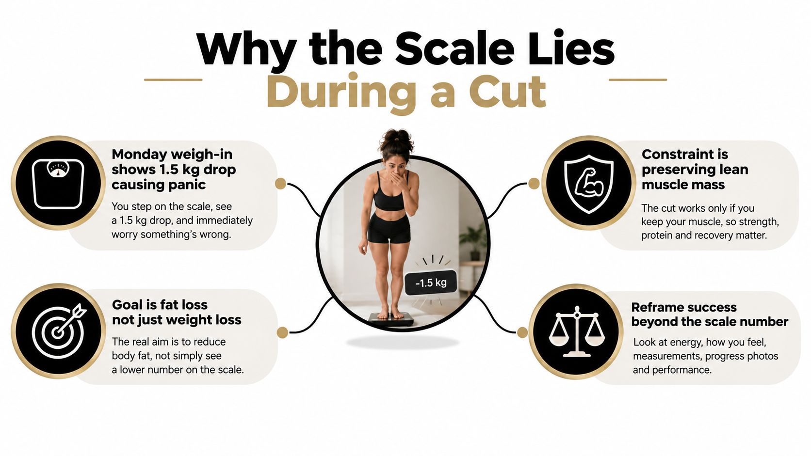 A woman looks surprised while standing on a digital scale with infographic points explaining weight loss nuances.