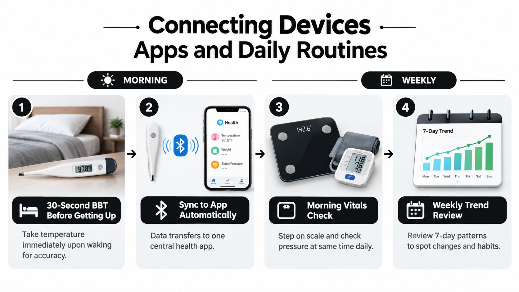A four-step infographic illustrating a daily health routine involving temperature, weight, and blood pressure monitoring with apps.