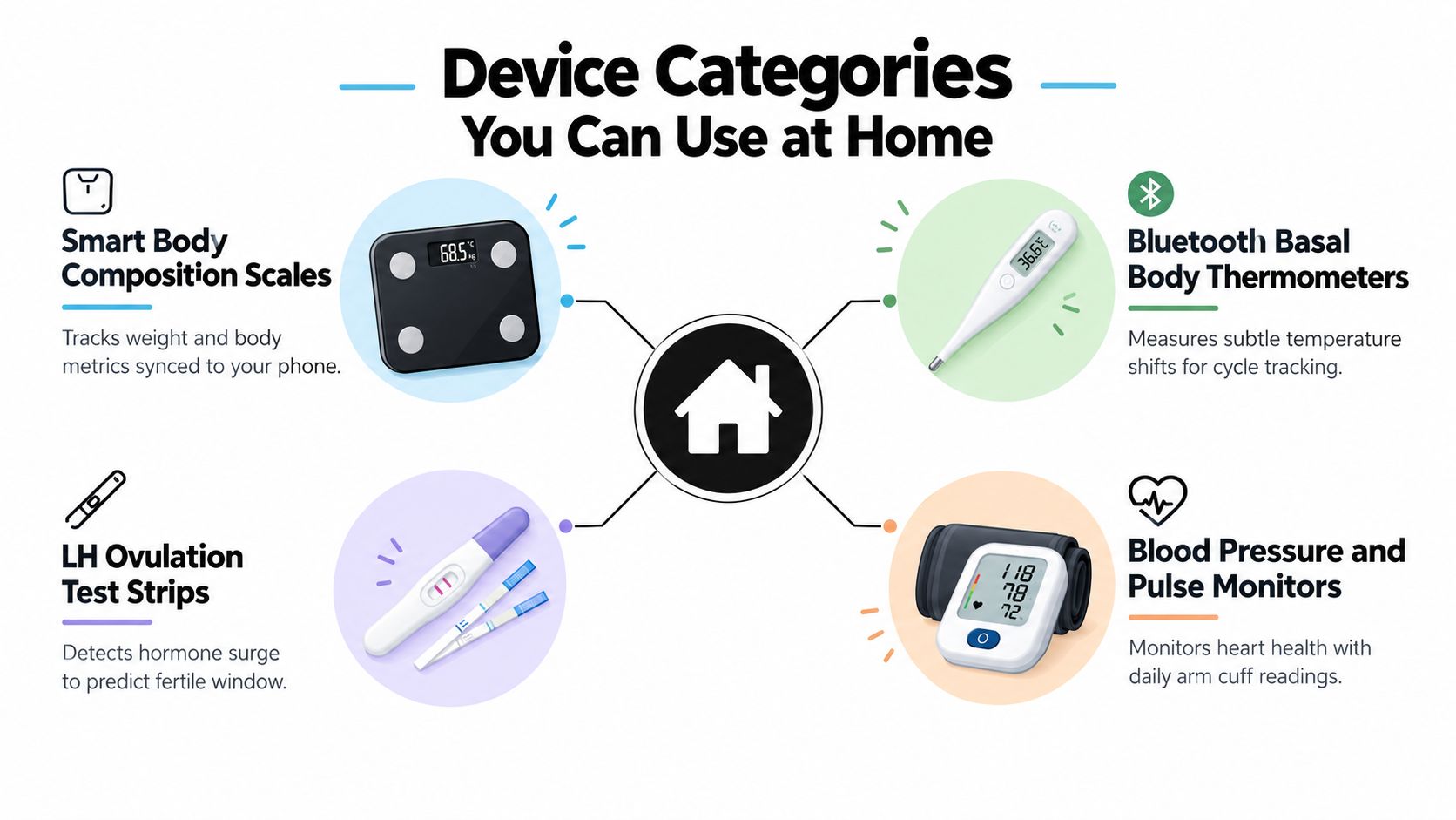 An infographic showing four common health devices for home use including scales, thermometers, test strips, and monitors.