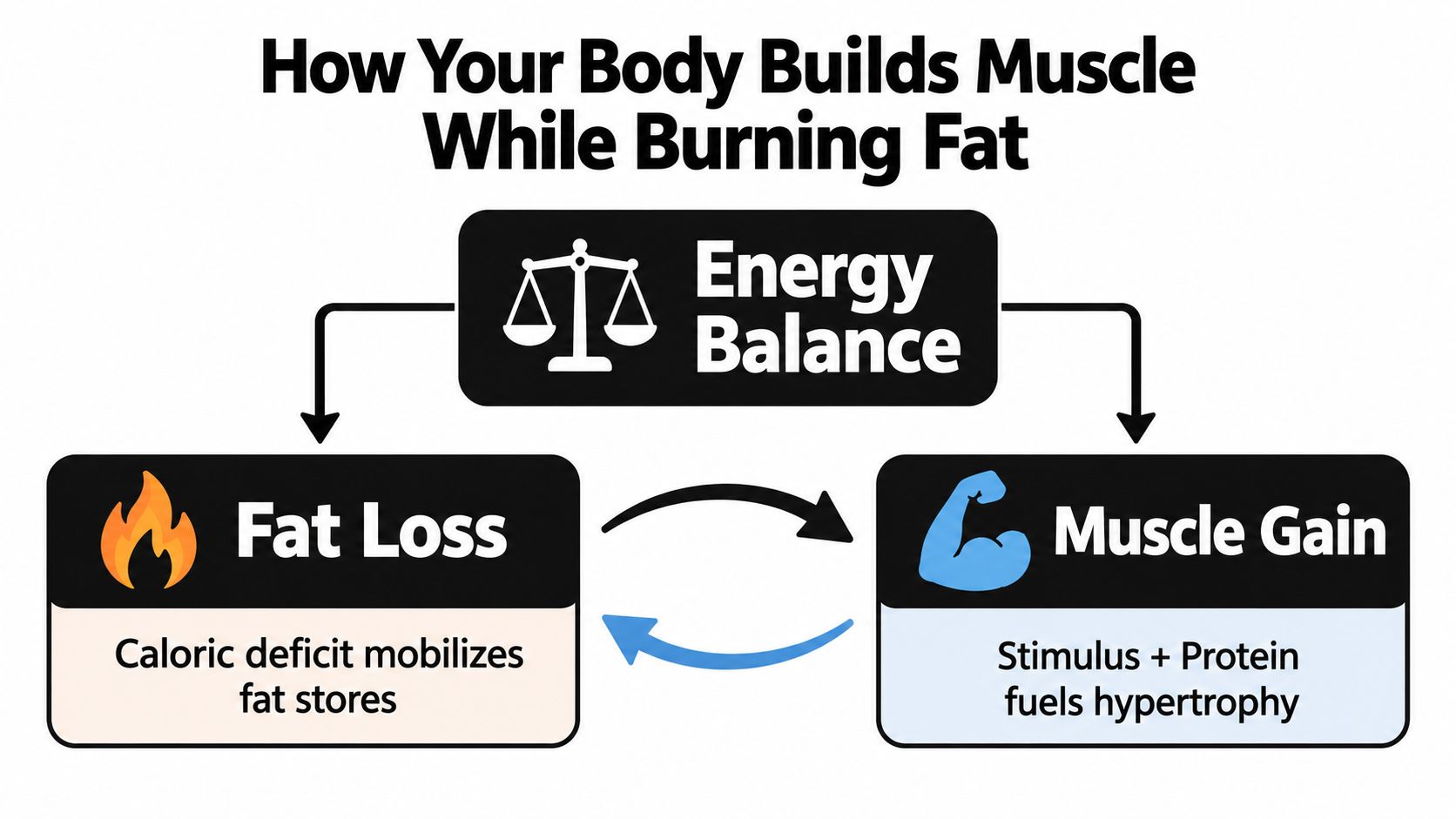 A diagram illustrating how energy balance facilitates both fat loss and muscle gain through specific physiological processes.