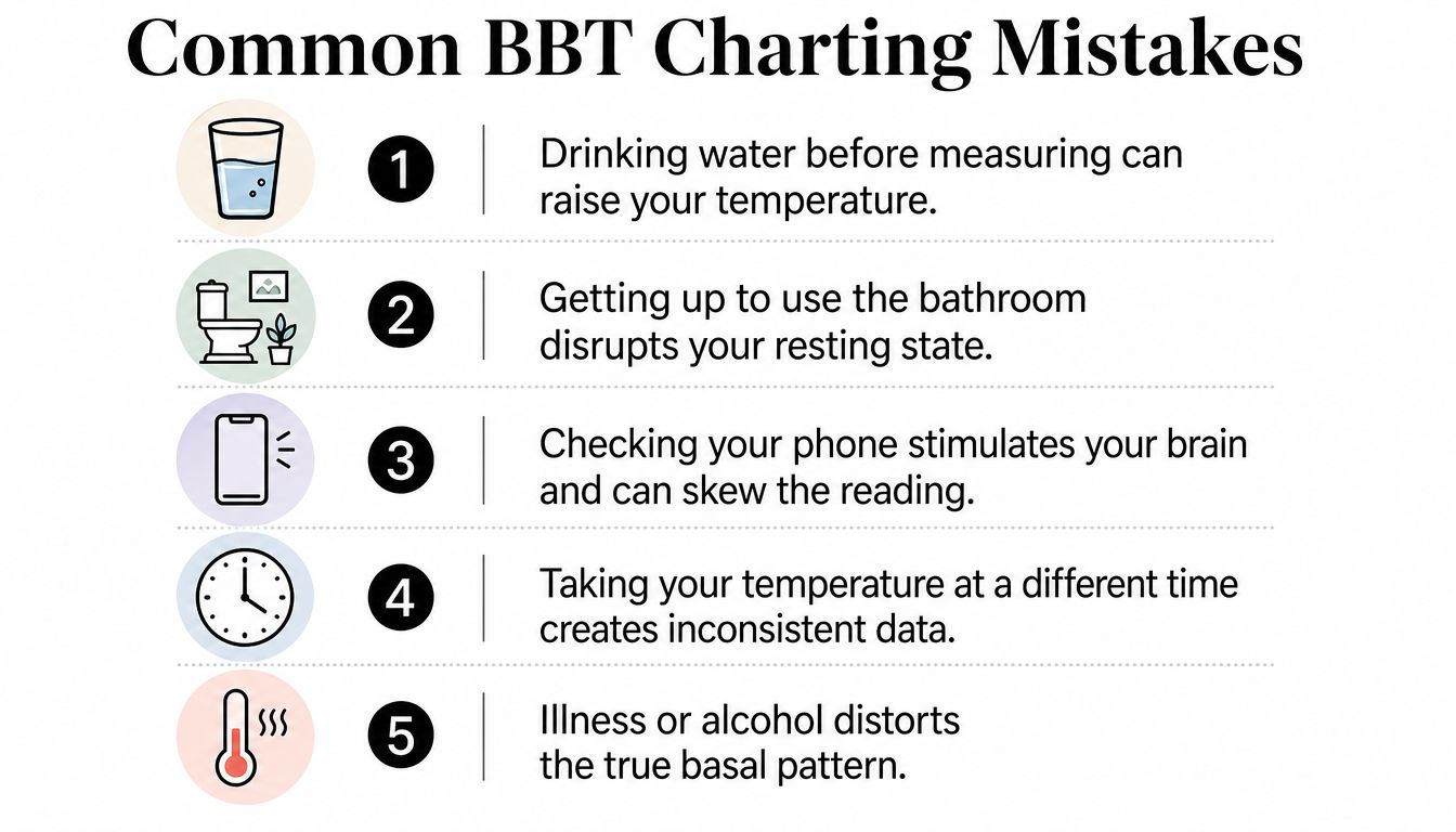 An infographic titled Common BBT Charting Mistakes, listing five common factors that can affect temperature accuracy.