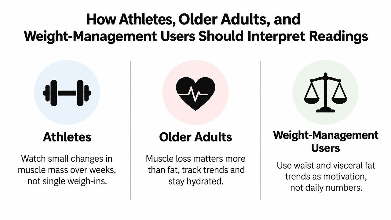 An infographic showing tips for athletes, older adults, and weight-management users on interpreting body composition readings.