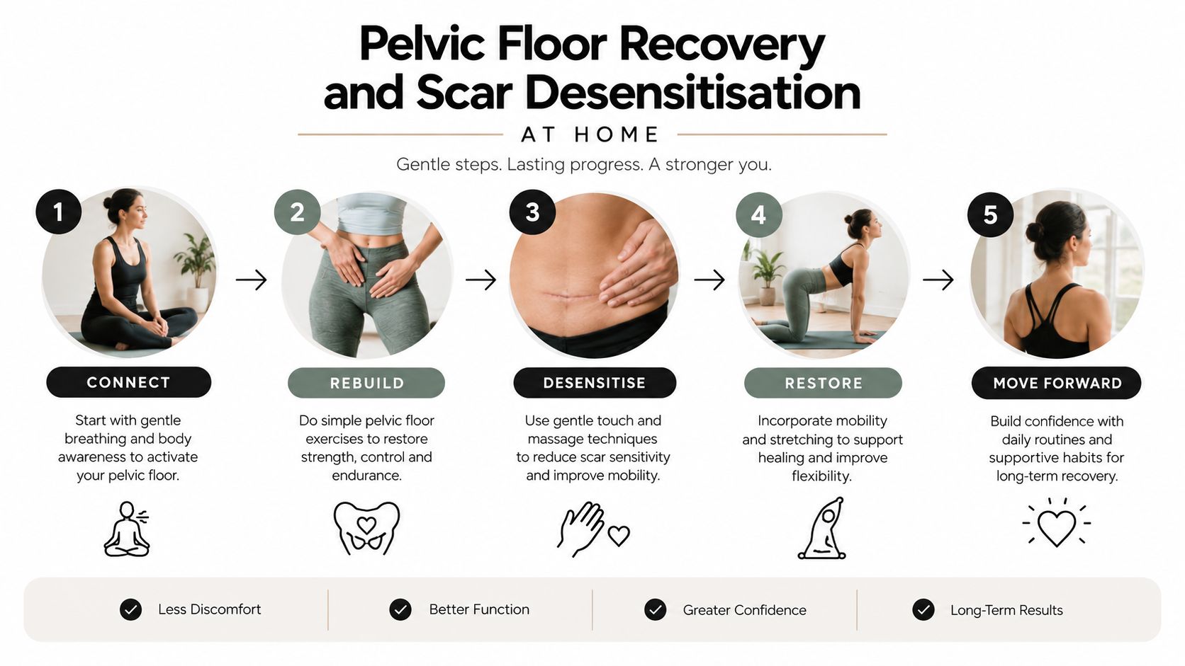 A five-step instructional guide for pelvic floor recovery and scar desensitization after a C-section at home.
