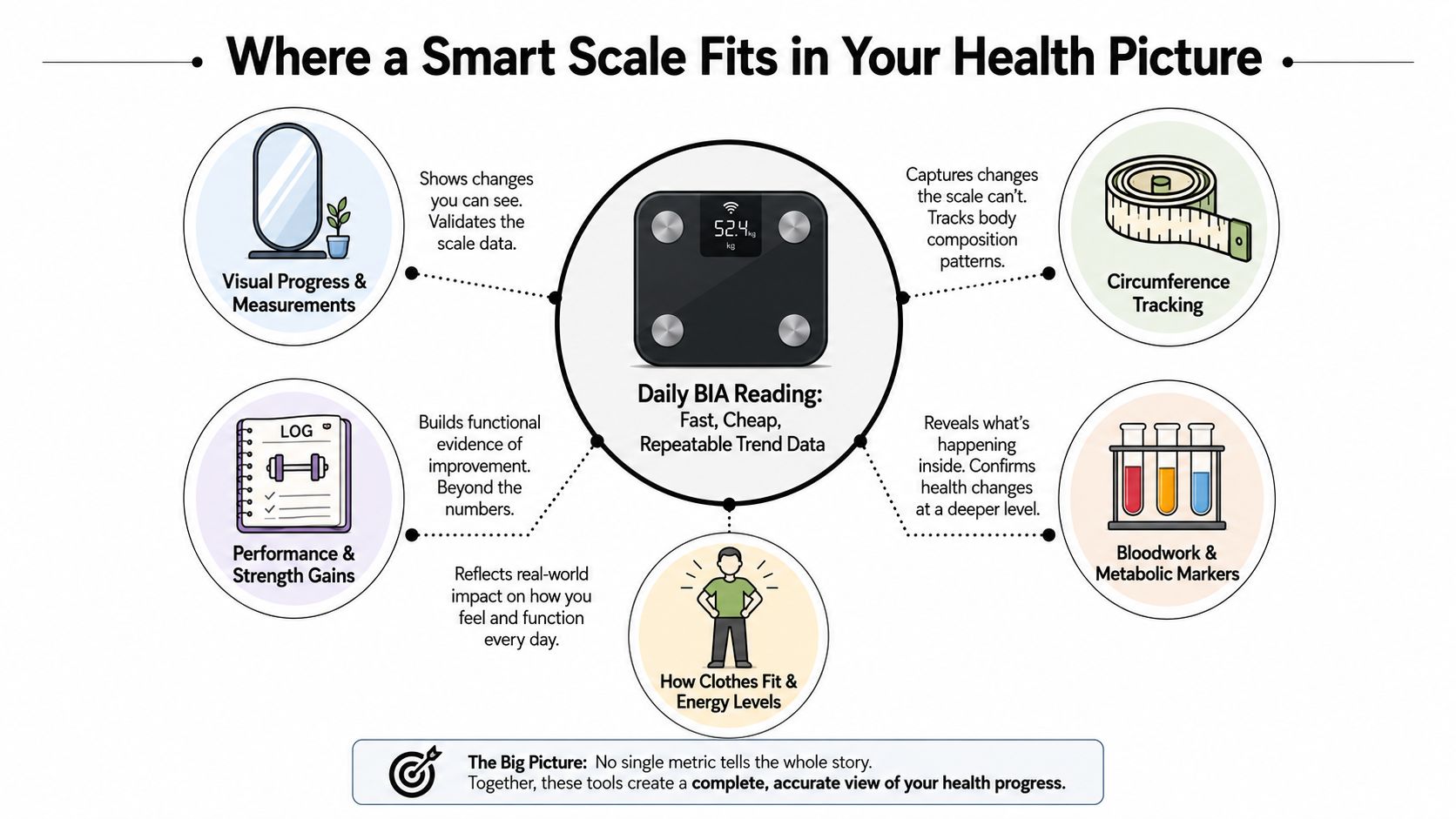 A diagram showing how a smart body composition scale fits into a broader health tracking strategy.