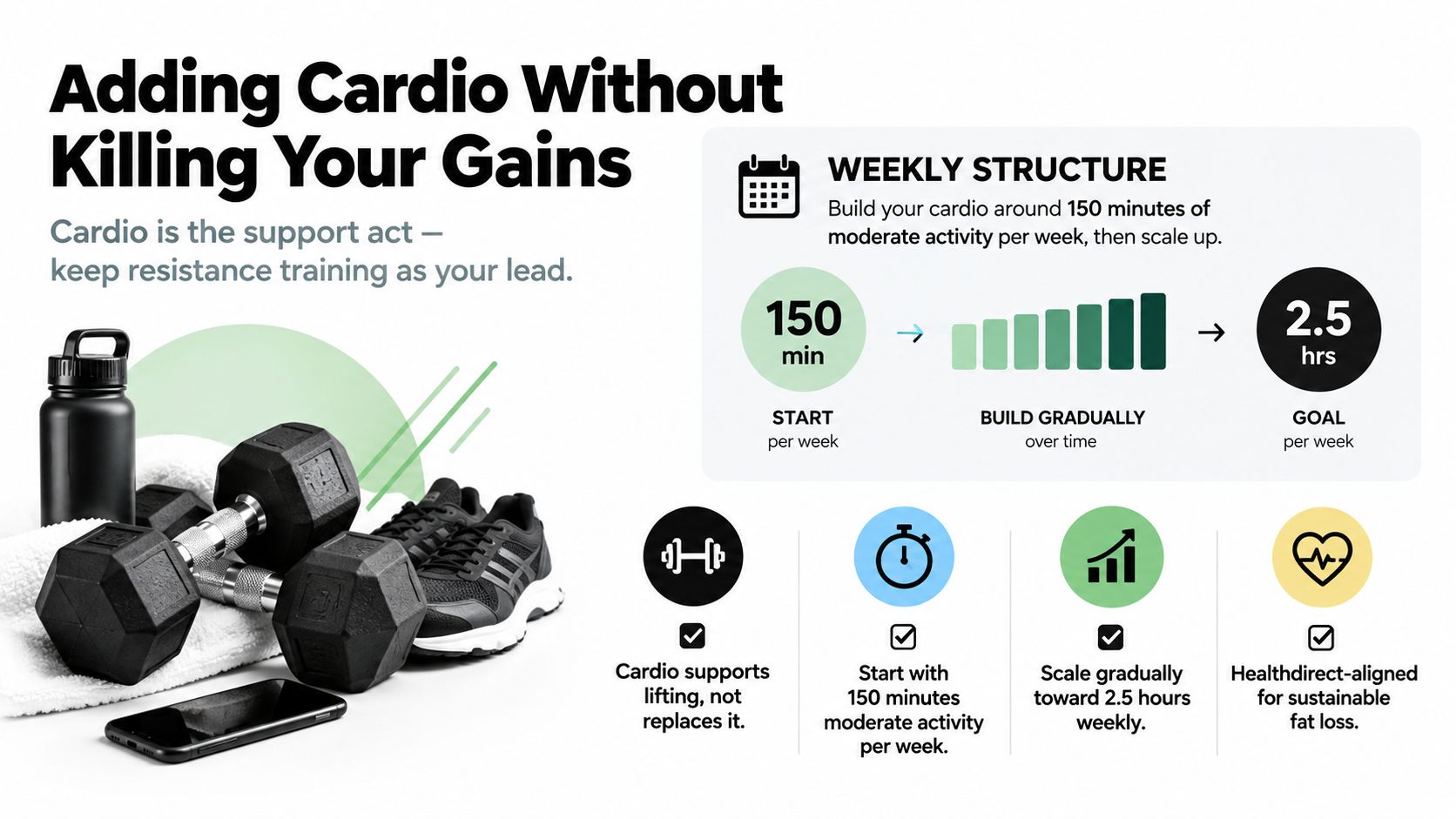 A fitness infographic explaining how to incorporate cardio exercise while maintaining muscle gains from resistance training.