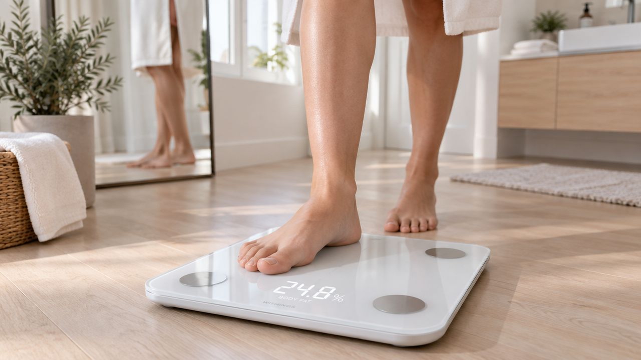 A person standing barefoot on a modern digital body composition monitor in a bright bathroom setting.