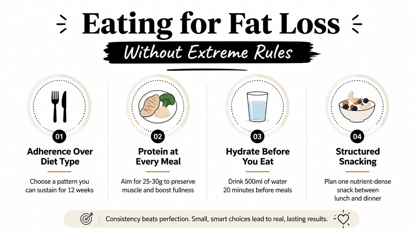 An infographic showing four simple rules for healthy, sustainable weight loss without extreme dietary restrictions.