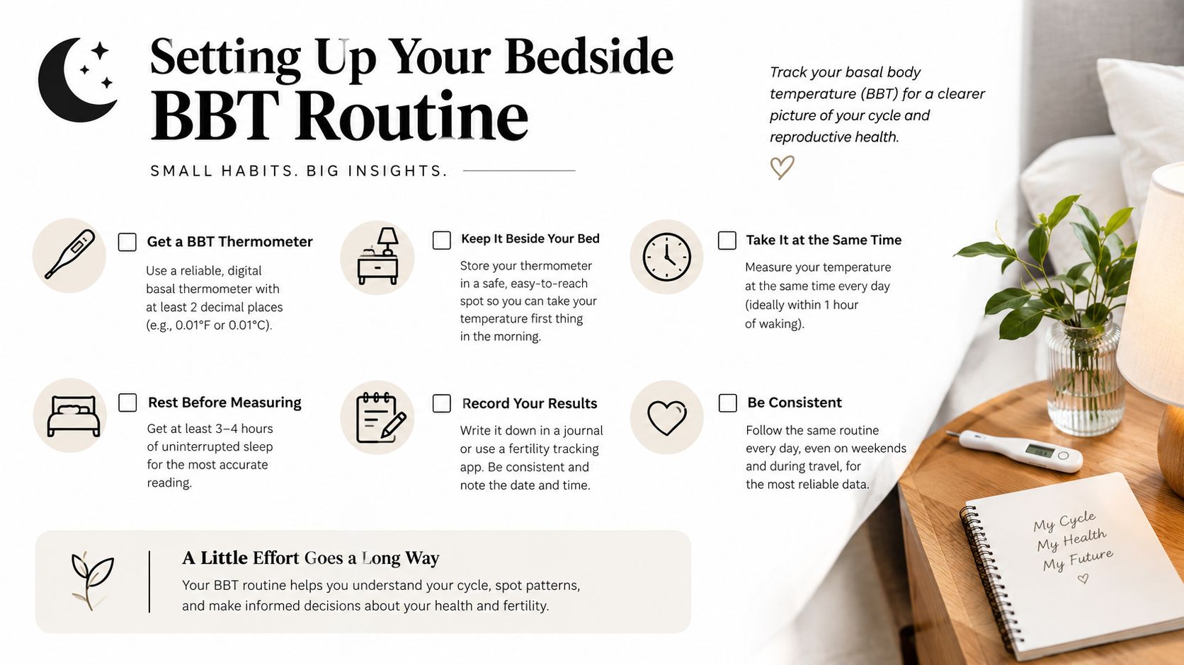 An infographic showing steps to set up a morning basal body temperature tracking routine for fertility.