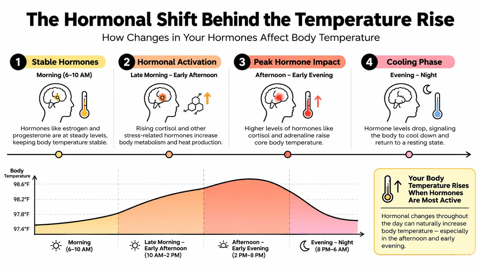 A diagram illustrating how daily hormonal shifts influence fluctuations in body temperature throughout the day.