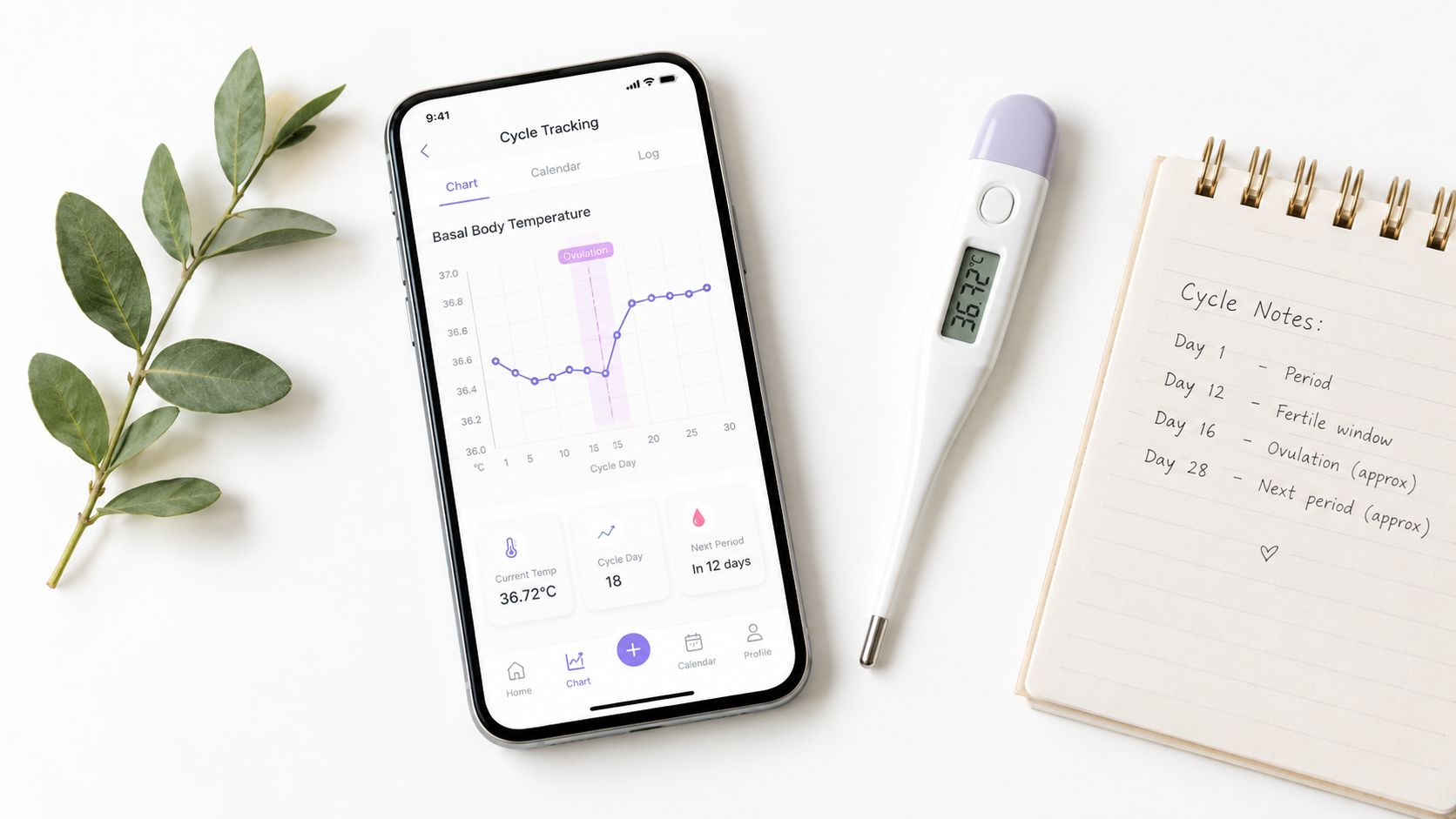 A smartphone app displaying a basal body temperature chart next to a digital thermometer and notebook.